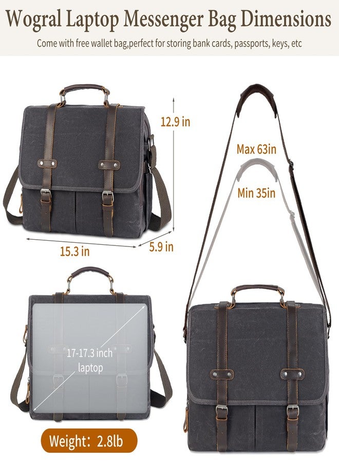 Wogarl 15.6 Inch Messenger Bag for Men: Genuine Leather Waxed Canvas Briefcase Large Computer Laptop Bag, Satchel Shoulder Handbags Crossbody Bags for Work (Grey Black) - Image 2